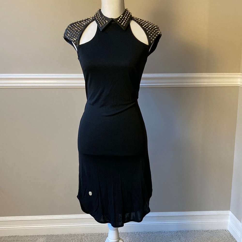Philipp Plein Black Cutout Studded Dress with Leather Top Size S